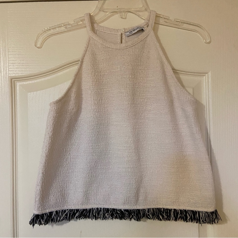Off White Halter Top with Fringe Hem - Picture 1 of 7